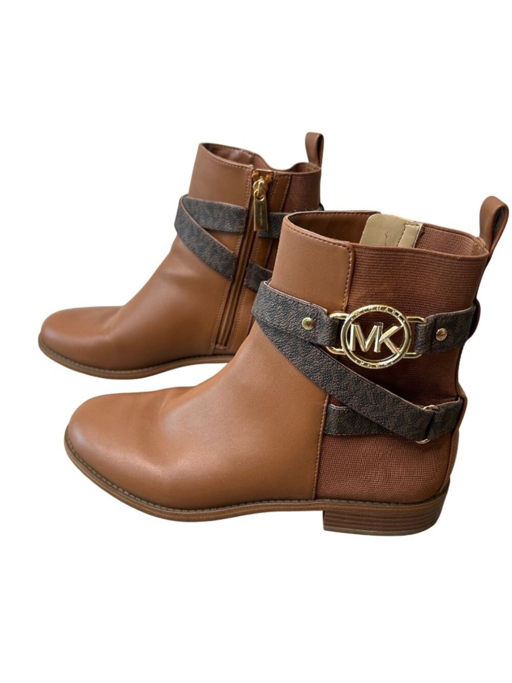 Michael Kors Brown Ankle Boots With Gold Logo Buckle Side Zipper & Faux Leather